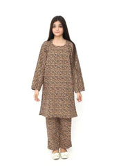 Plum Premium Kotrai ( Imported Fabric ) Dark Brown Colour Printed Deep Yellow Green Flowers On 2 pc Stitched suit For Girls